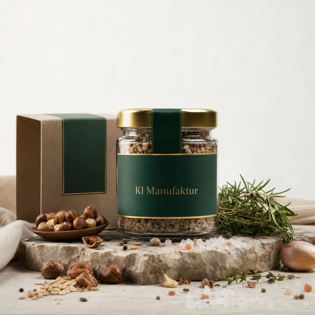 KI-generiertes Premium Food Produktbild mit KI-Manufaktur Branding